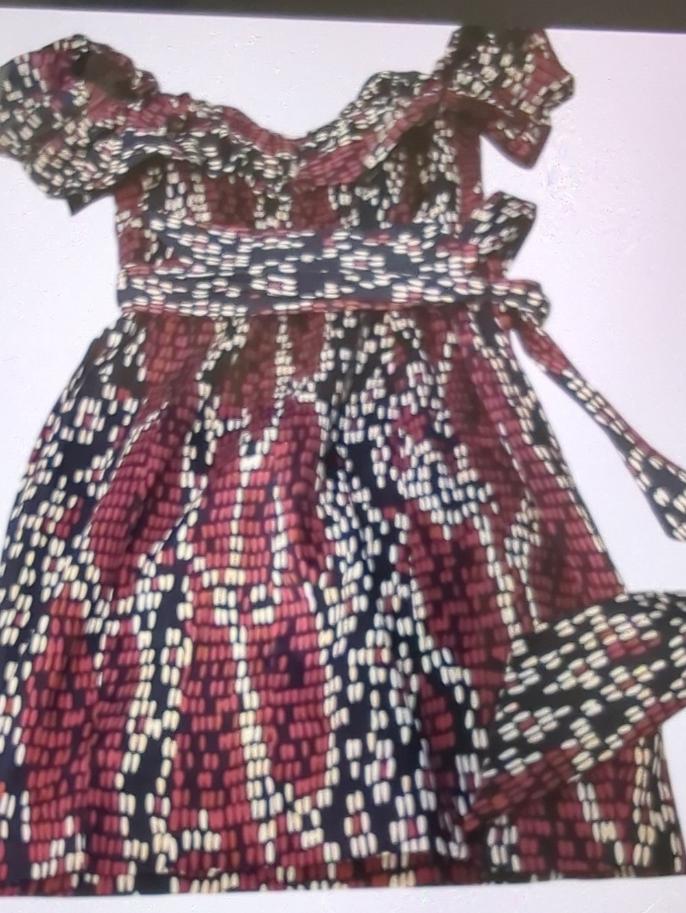 White House Black Market Burgundy, Black and Cream Ruffle Mini Dress